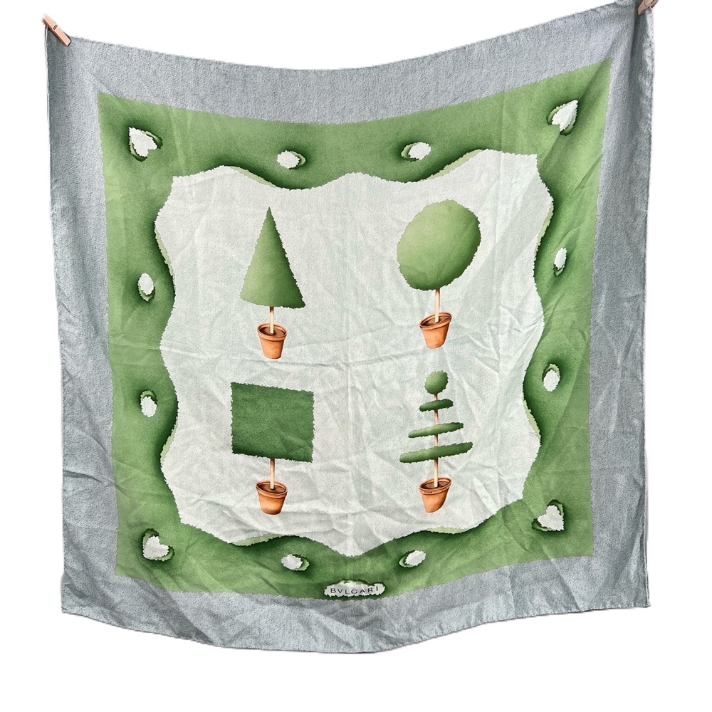 Vintage Bulgari Scarf by Davide Pizzigoni Blue Green Topiary Plants Silk 34x33